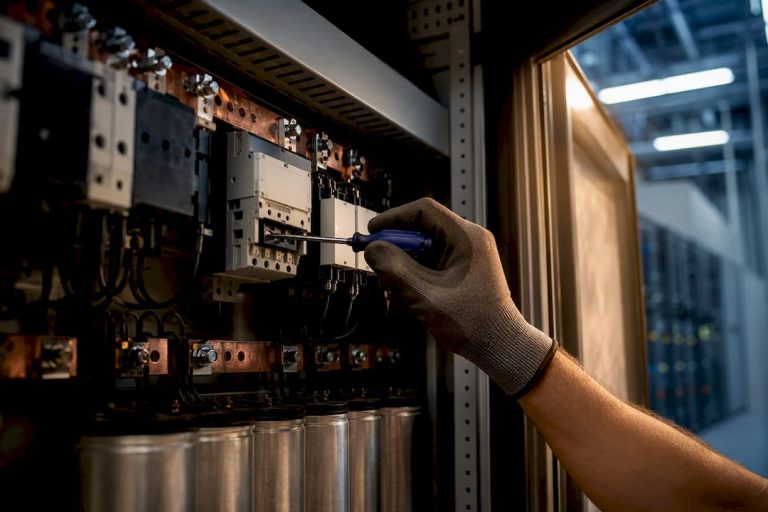 Engineer inspecting power factor correction cabinet