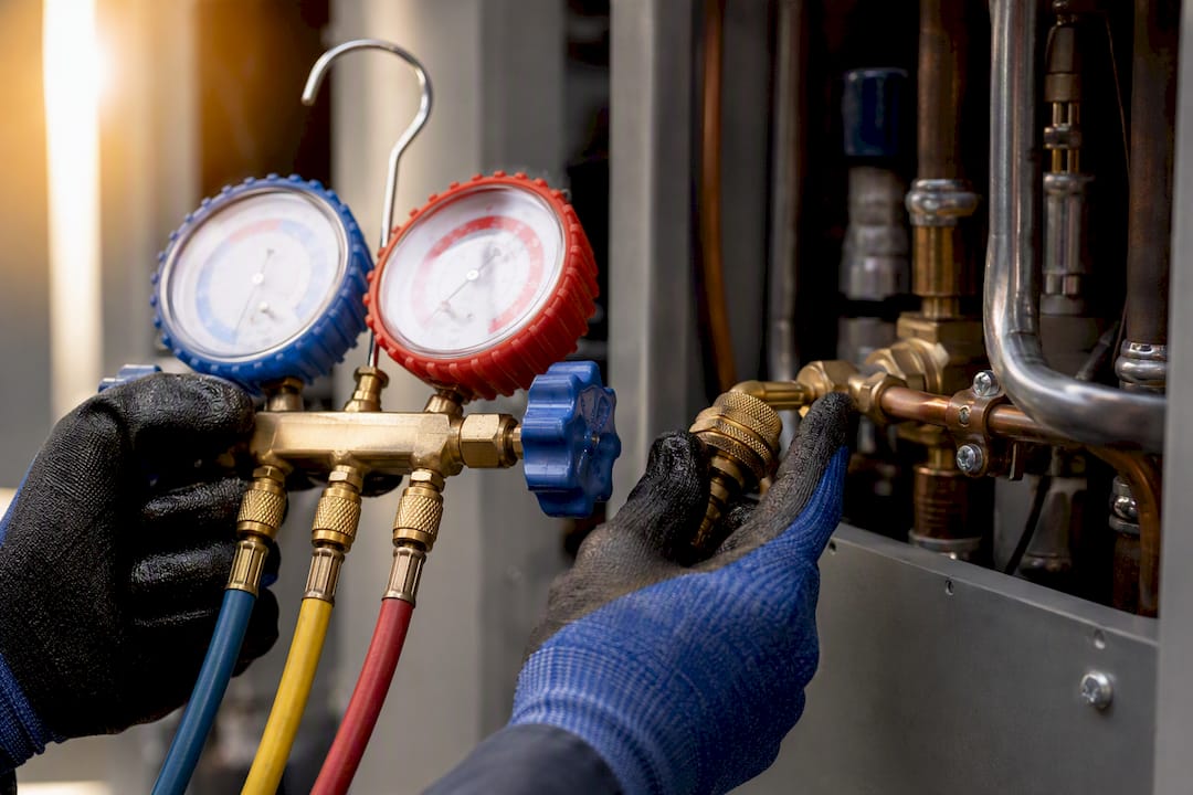 Engineer connecting HVAC refrigerant service gauges