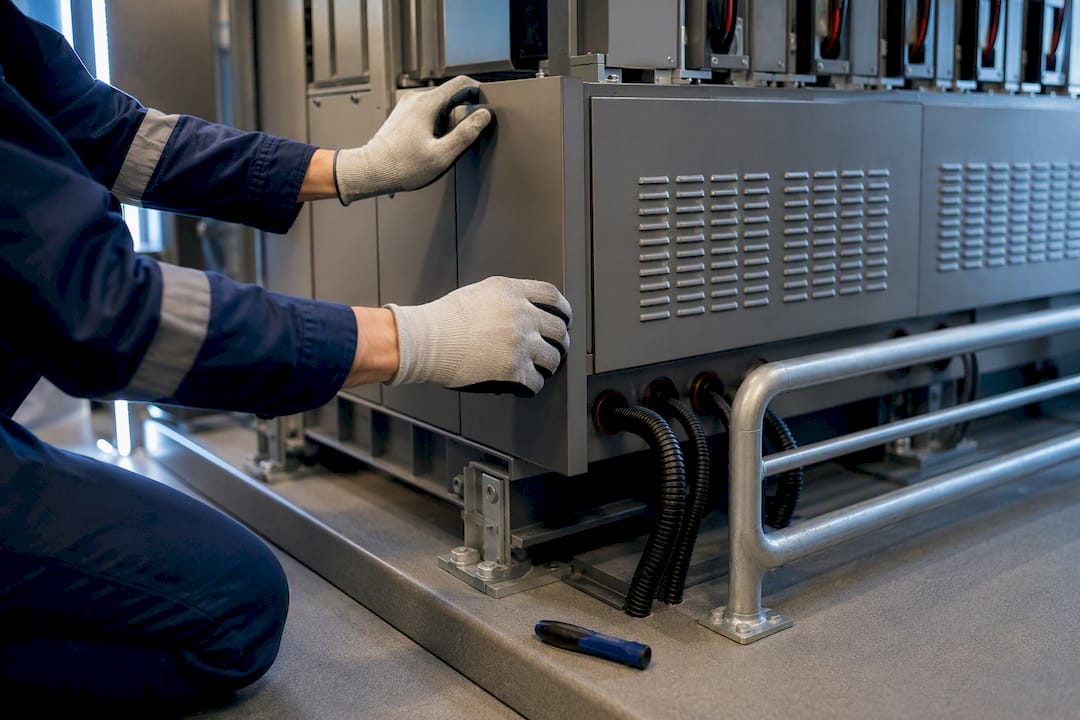 Engineer inspecting battery storage enclosure