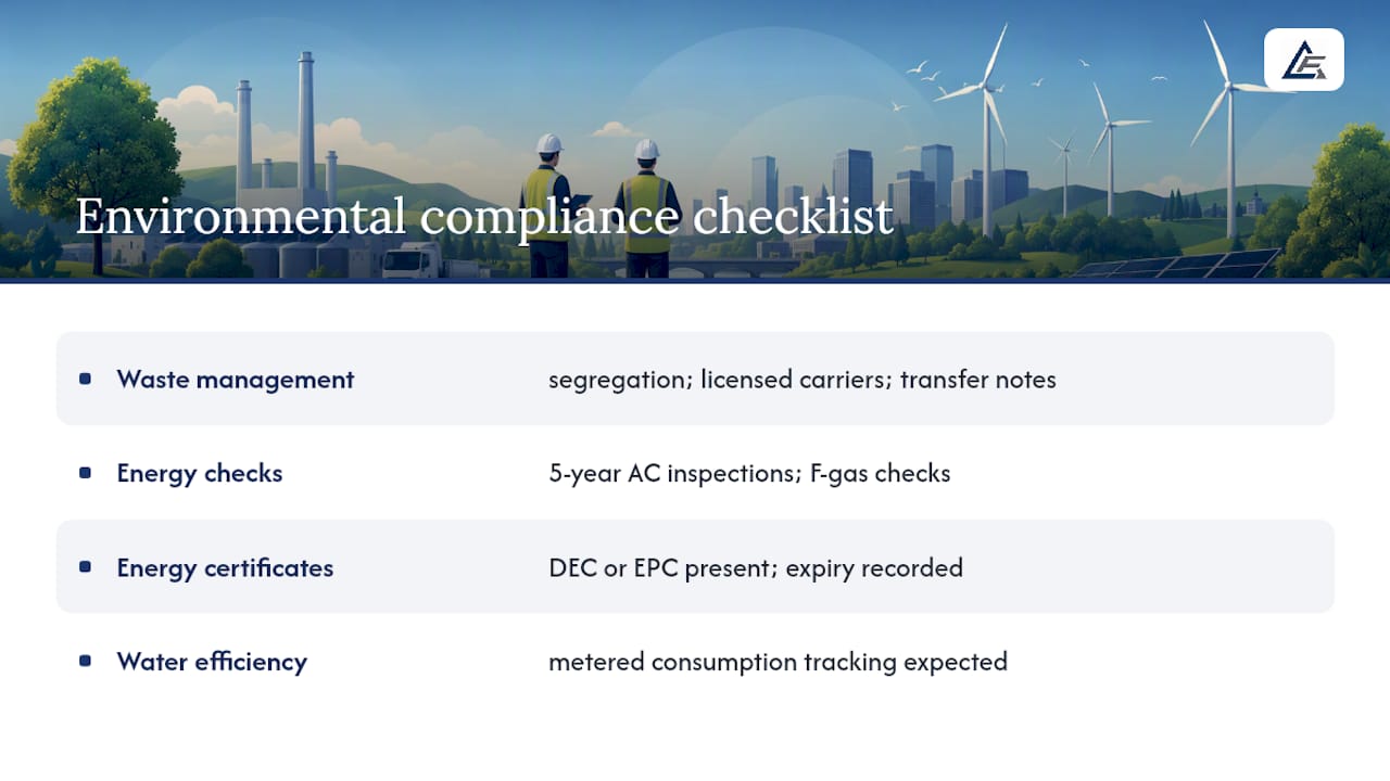 Environmental compliance: waste, energy and resource use — overview diagram