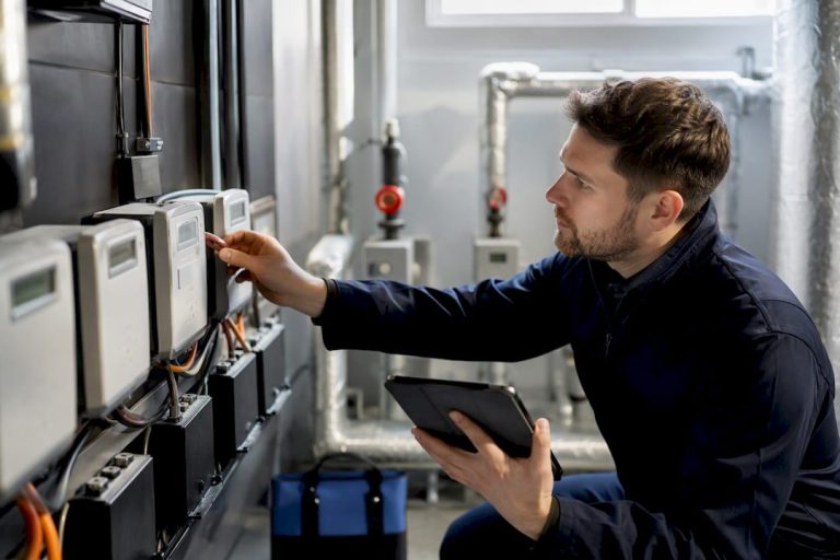 Engineer inspecting commercial building energy meters
