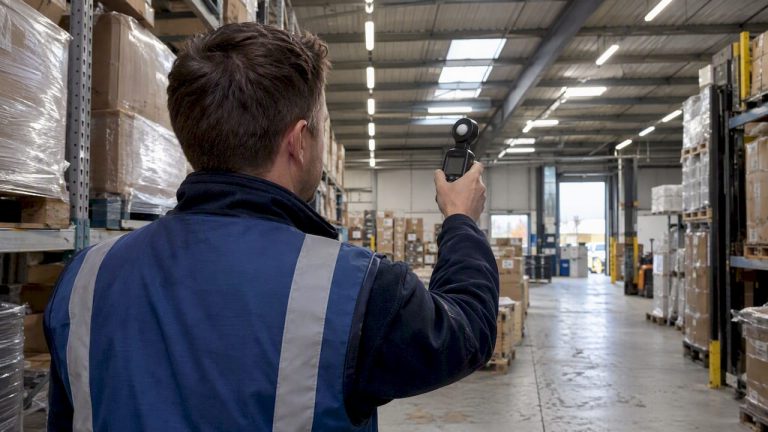 Engineer measuring warehouse lighting levels