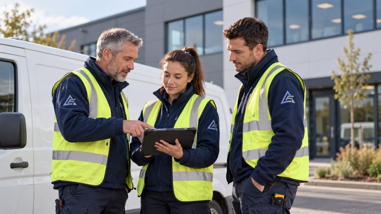 Building services engineers briefing outside a commercial building