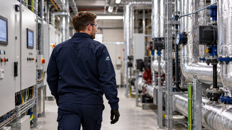 Engineer walking through a commercial plant room