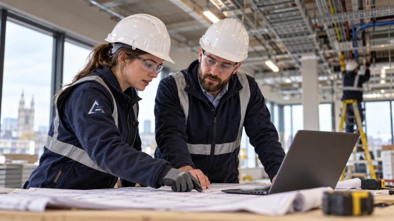 Electrical and mechanical engineers reviewing M&E drawings