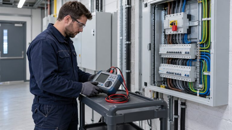 Electrician preparing an inspection beside an isolated distribution board