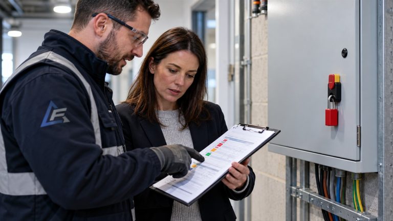 Electrician explaining an electrical condition report to a client