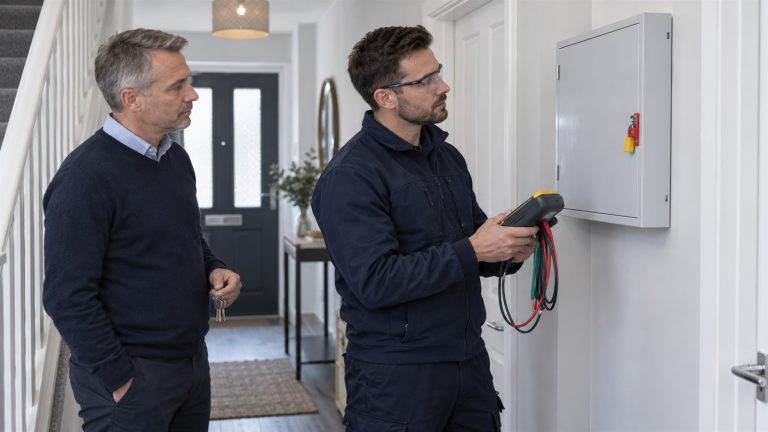 Electrician and landlord reviewing a closed consumer unit