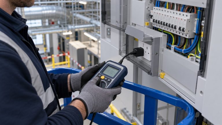 Close-up of an RCD test on a distribution board