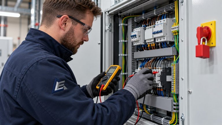 Electrician fault finding on an industrial control panel