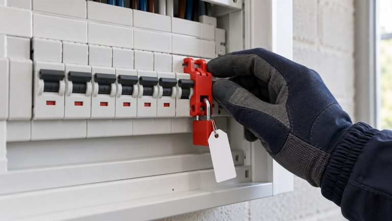 Electrical circuit breaker secured with a lock-off device and padlock