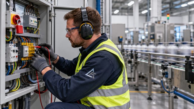 Electrician maintaining motor controls in a factory