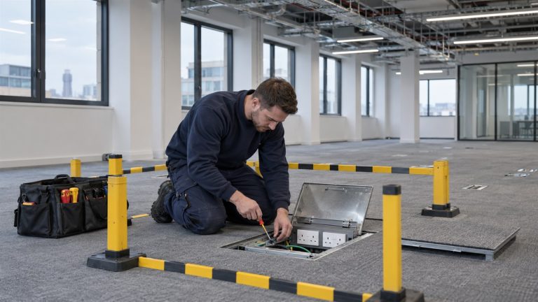 Electrician installing floor boxes during an office fit-out