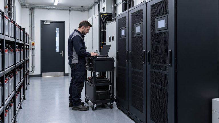 Engineer inspecting UPS equipment in a server room
