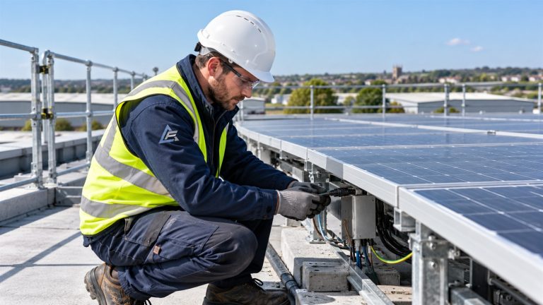 Engineer inspecting a commercial rooftop solar PV system