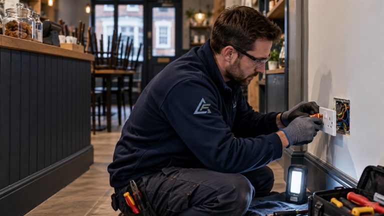 Electrician carrying out an emergency electrical repair in a shop
