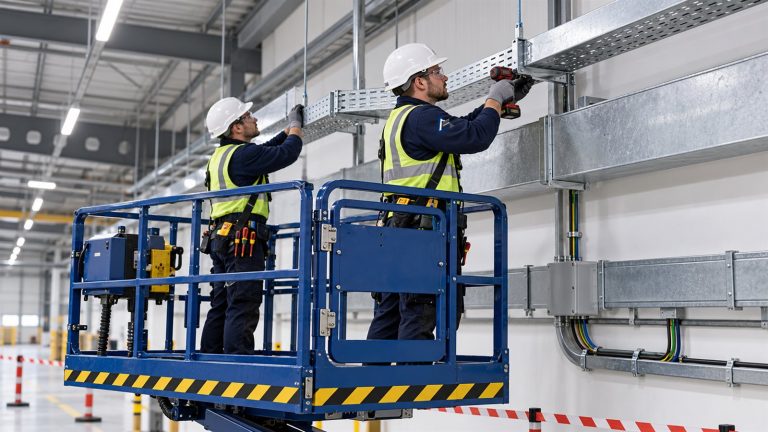 Electricians installing cable tray in a warehouse