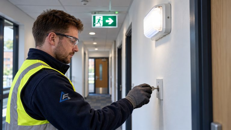 Engineer testing emergency lighting in an office corridor