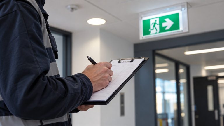 Emergency lighting test log book being completed
