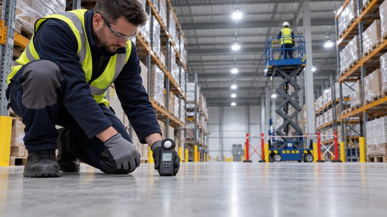 Engineer measuring light levels in a warehouse