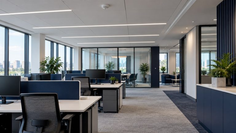 Office LED lighting with a ceiling presence sensor