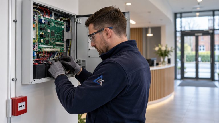 Engineer inspecting a fire alarm control panel