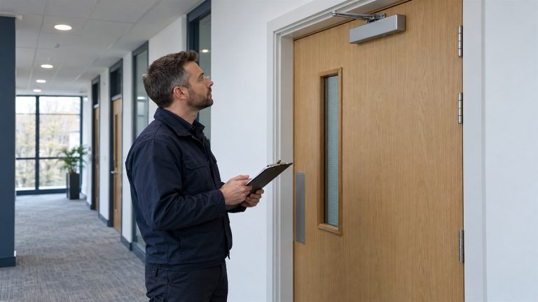 Engineer visually inspecting a closed fire door