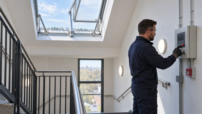 Engineer testing an automatic smoke vent in a stairwell