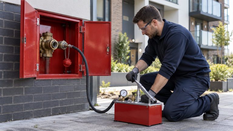 Engineer testing a dry riser inlet