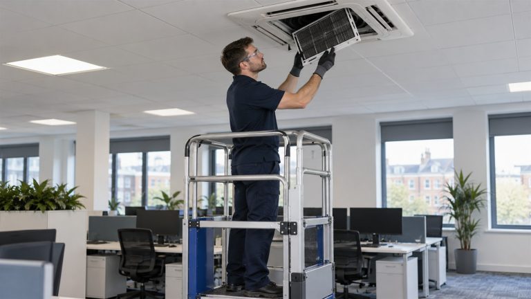 Engineer servicing a ceiling cassette air conditioning unit