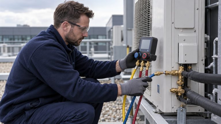 Refrigeration specialist checking a system with digital gauges
