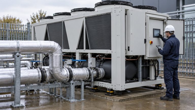 Commercial chiller plant being inspected