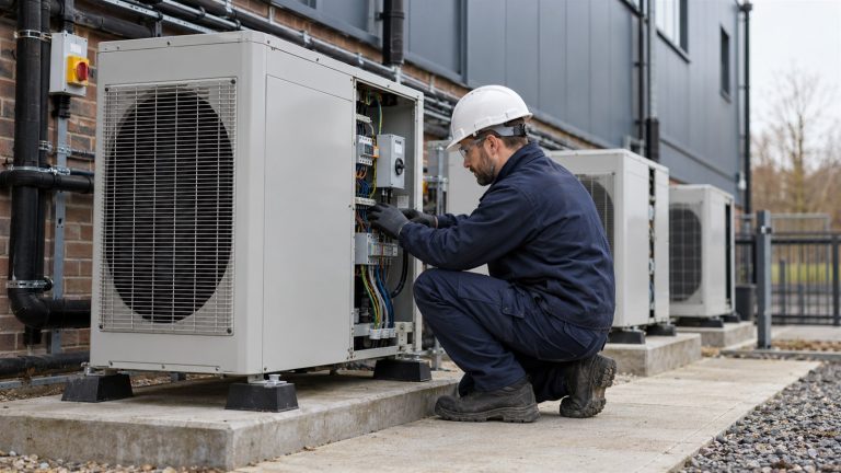 Commercial air source heat pumps beside a building