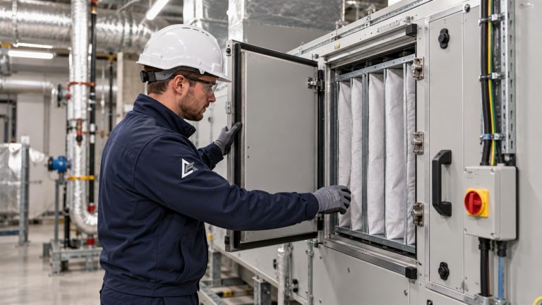 Engineer inspecting filters in an air handling unit