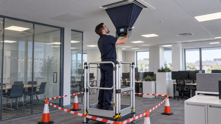 Engineer measuring airflow at a ceiling grille