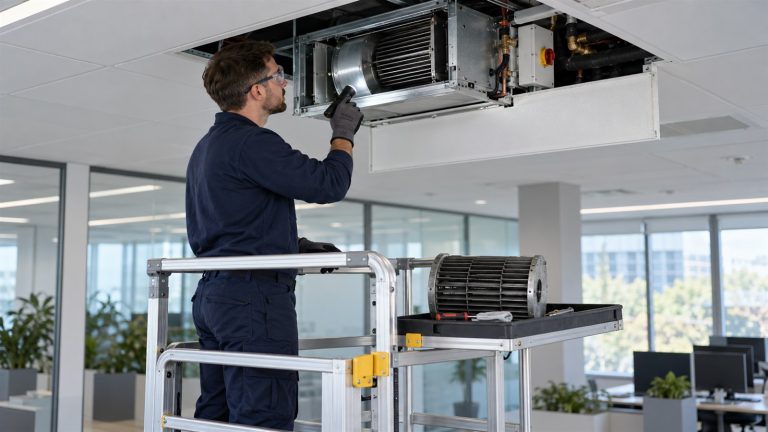 Technician inspecting an isolated ceiling fan coil unit