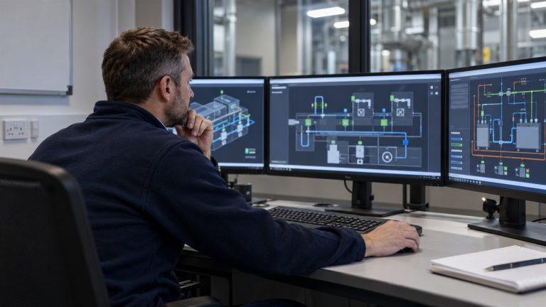 Facilities manager monitoring a building management system