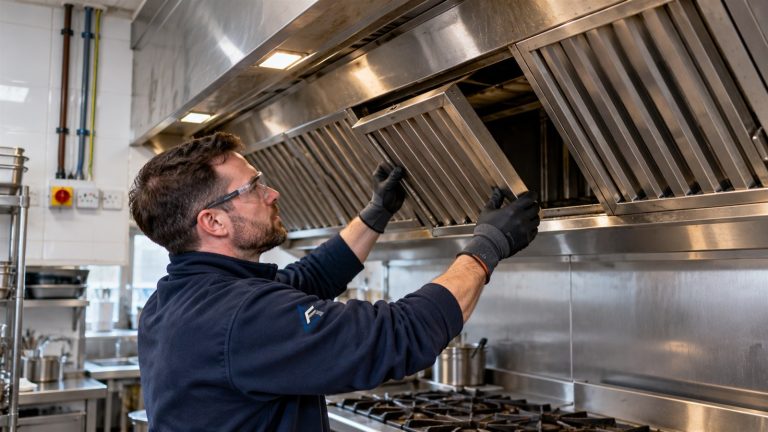 Commercial kitchen extract canopy being cleaned