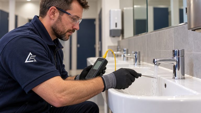 Engineer checking water temperature for legionella control