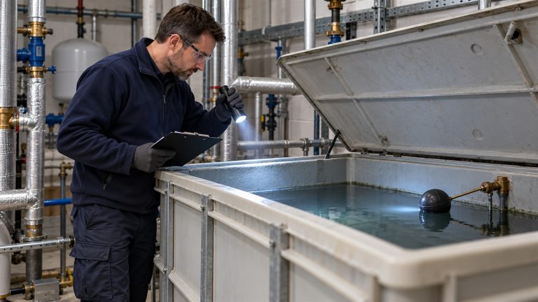 Engineer inspecting a cold water storage tank