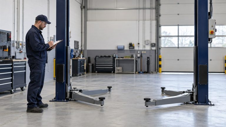 Inspector checking a lowered vehicle lift in a workshop