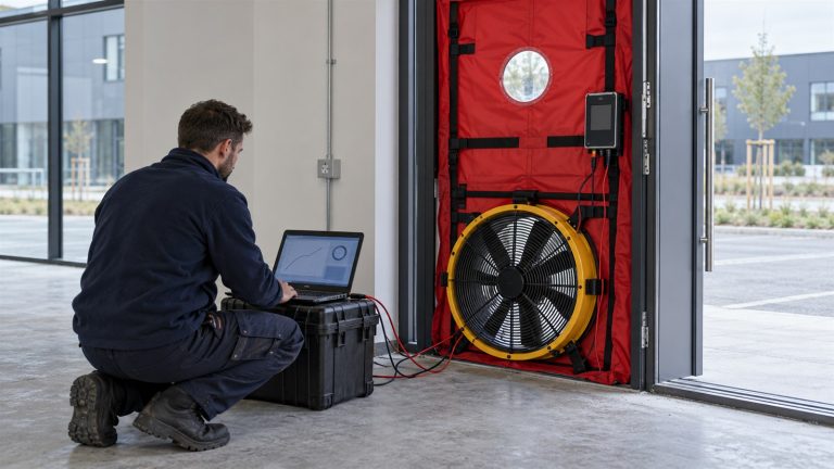 Technician preparing a blower door air tightness test
