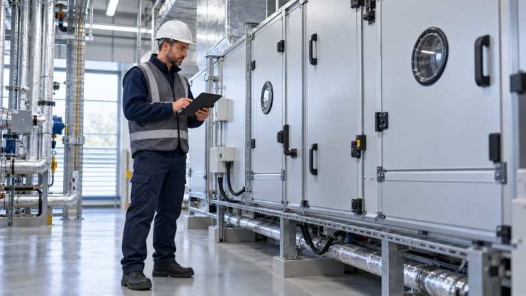 Engineer inspecting healthcare ventilation plant