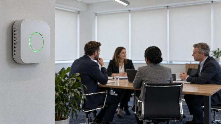 Air quality monitor with a meeting blurred in the background