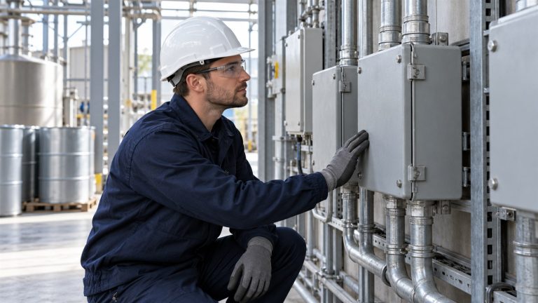 Specialist inspecting closed electrical enclosures in an industrial store