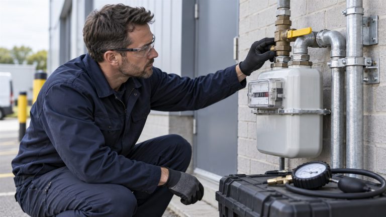 Specialist visually inspecting a commercial gas meter and isolation valve