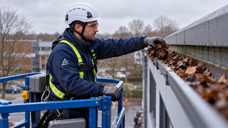 Gutters being cleared on a commercial building in winter