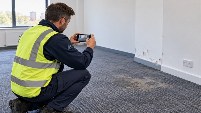 Surveyor recording dilapidations in an empty office