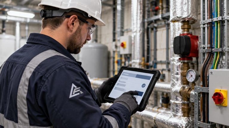Engineer updating a maintenance job on a tablet