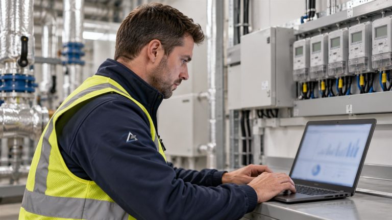 Energy assessor reviewing building energy data